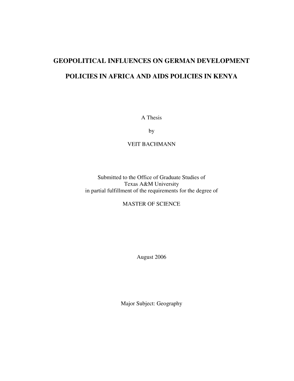 Geopolitical Influences on German Development Policies in Africa and AIDS Policies in Kenya