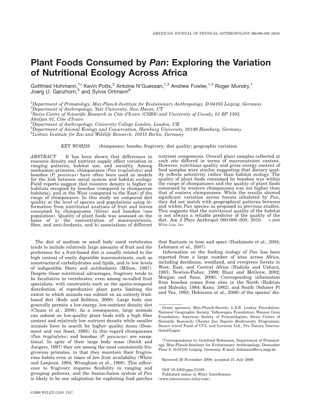 Plant Foods Consumed by Pan: Exploring the Variation of Nutritional Ecology Across Africa