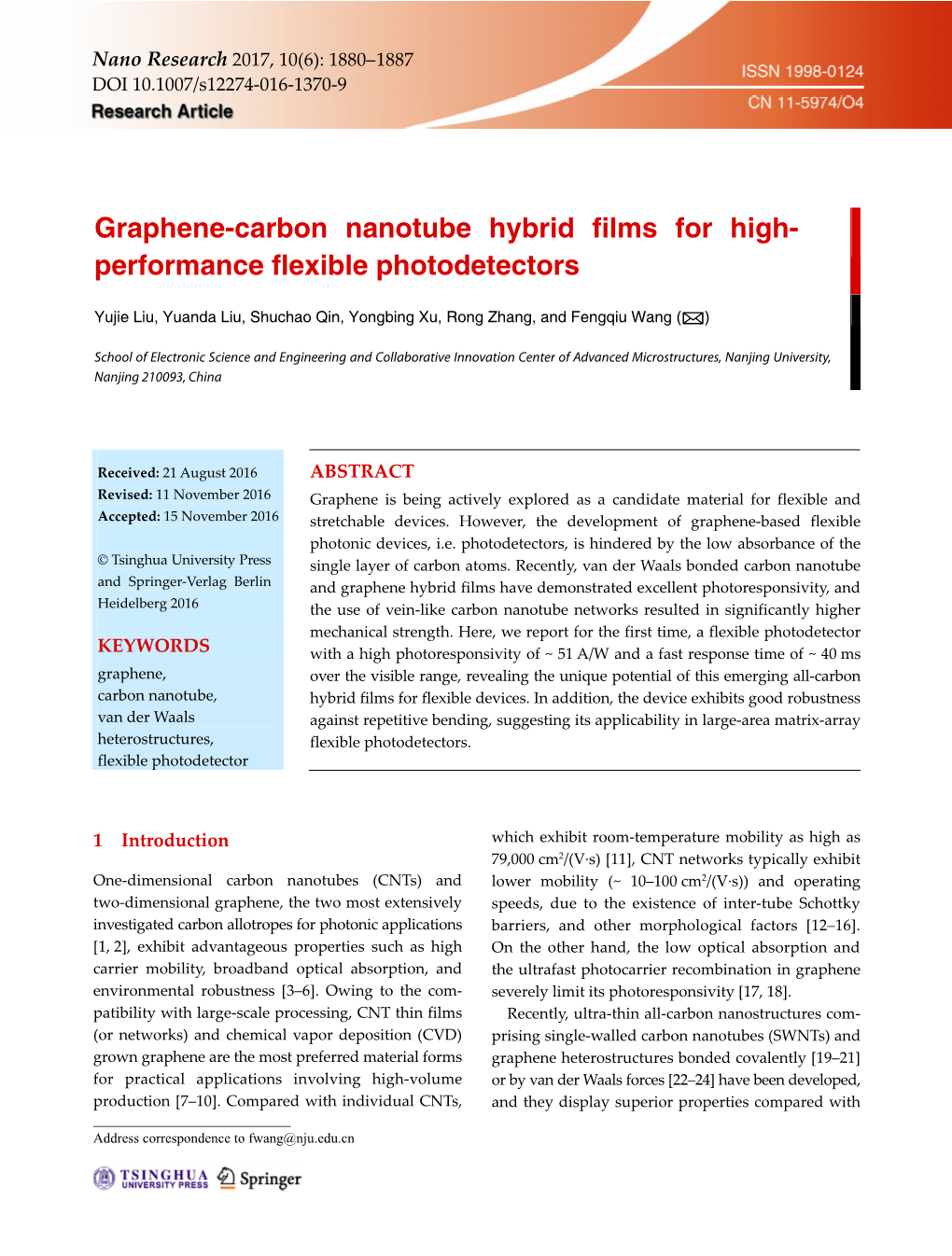 Graphene-Carbon Nanotube Hybrid Films for High- Performance Flexible Photodetectors