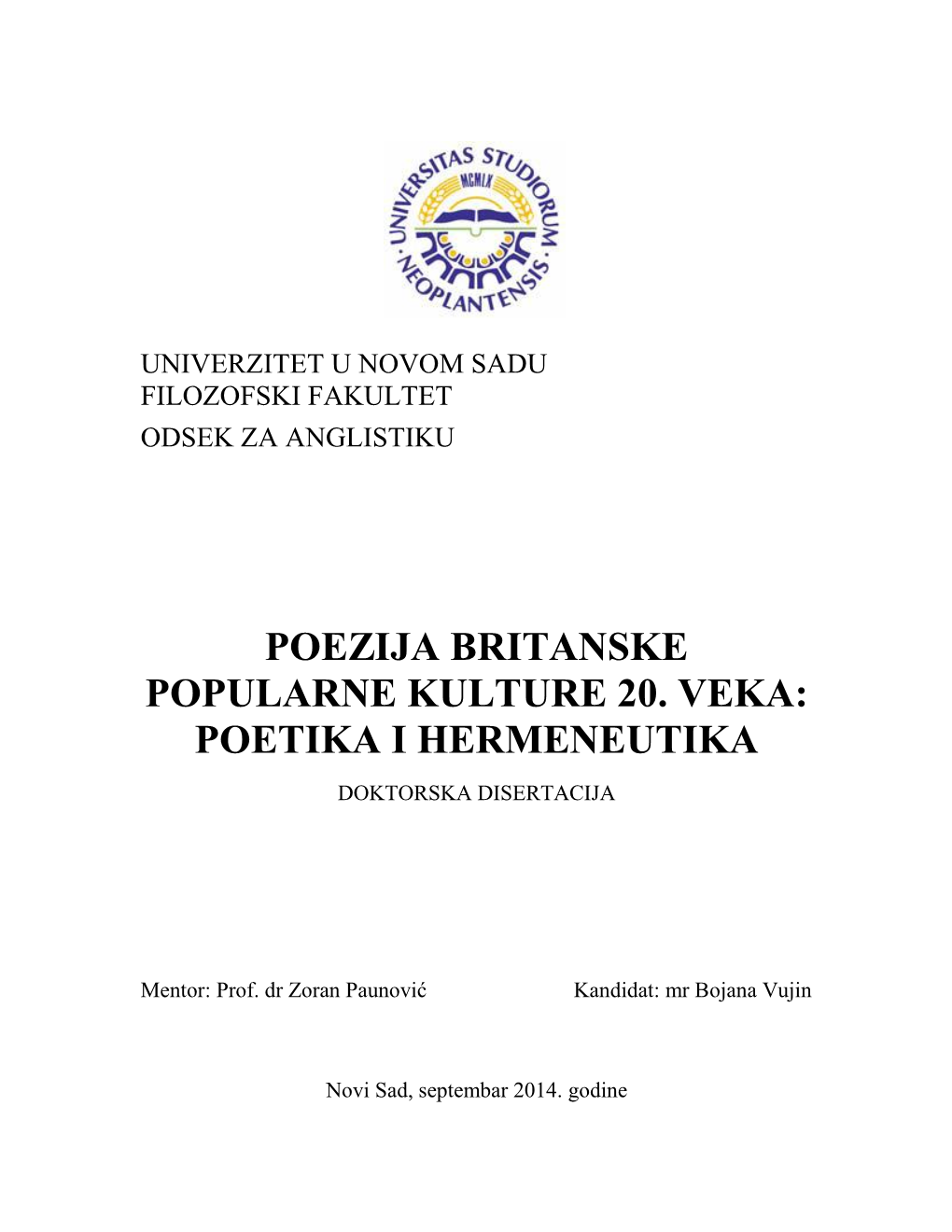 Poezija Britanske Popularne Kulture 20. Veka: Poetika I Hermeneutika