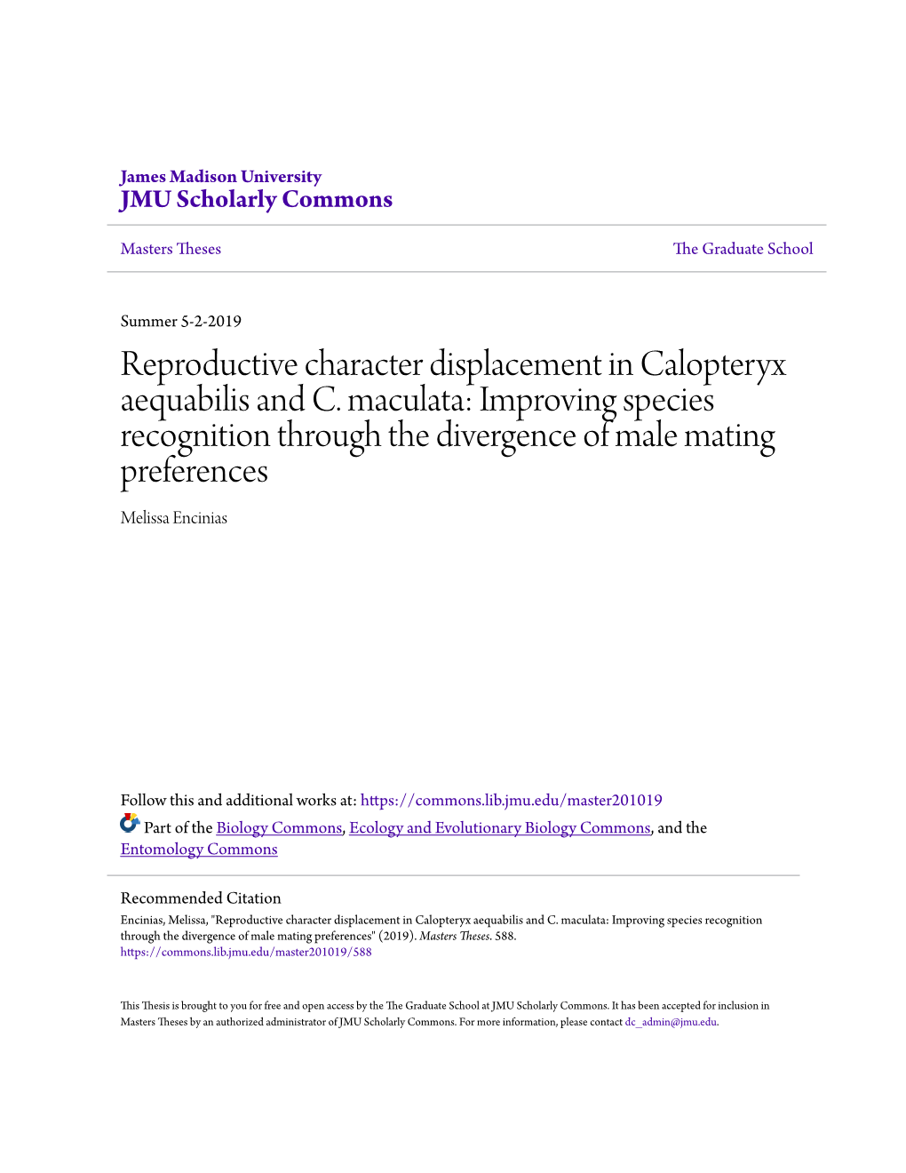 Reproductive Character Displacement in Calopteryx Aequabilis and C