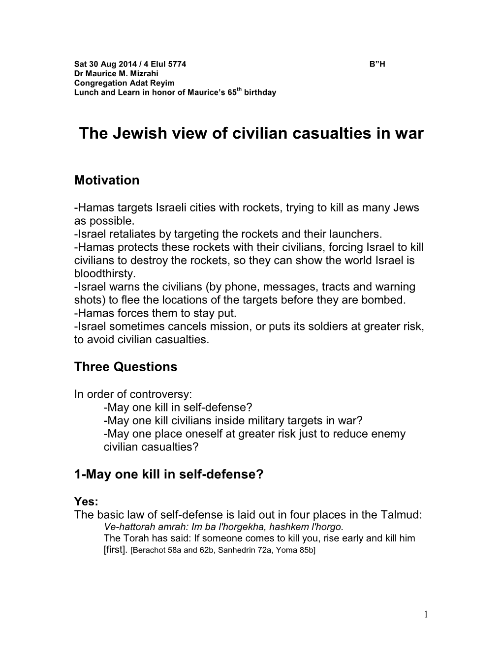 The Jewish View of Civilian Casualties in War Motivation