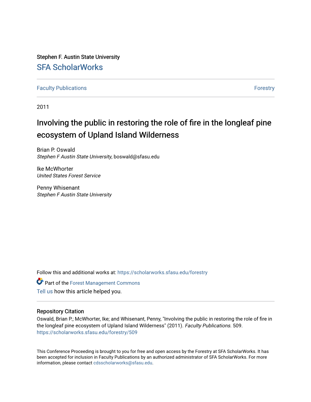 Involving the Public in Restoring the Role of Fire in the Longleaf Pine Ecosystem of Upland Island Wilderness