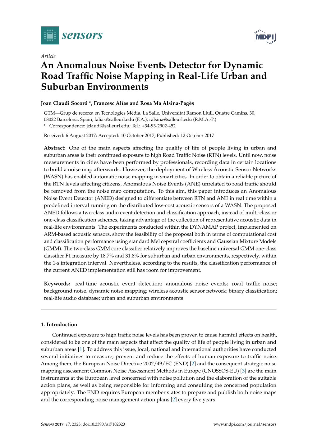 An Anomalous Noise Events Detector for Dynamic Road Traffic Noise