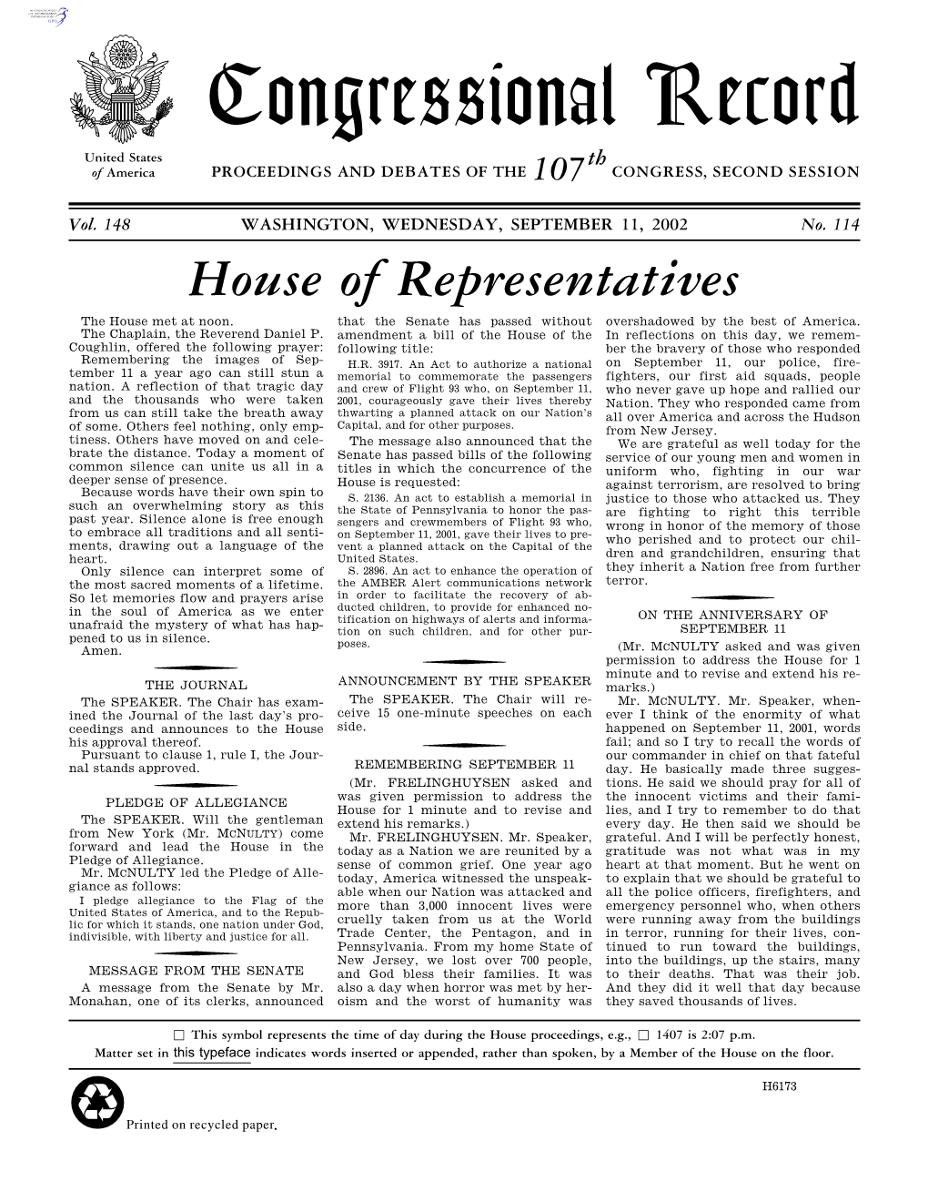 Congressional Record United States Th of America PROCEEDINGS and DEBATES of the 107 CONGRESS, SECOND SESSION