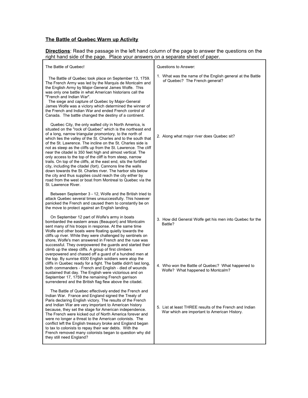 Introduction to Geography Warm up Activity