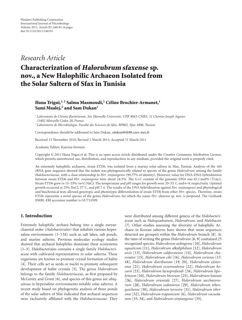 Characterization of Halorubrum Sfaxense Sp. Nov., a New Halophilic Archaeon Isolated from the Solar Saltern of Sfax in Tunisia