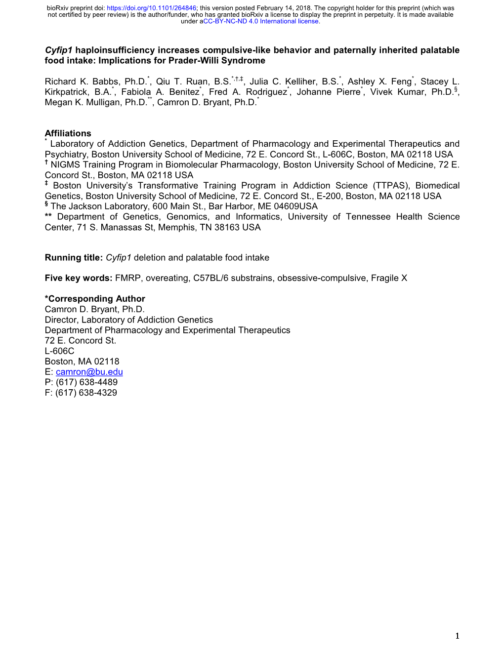 Cyfip1 Haploinsufficiency Increases Compulsive-Like Behavior and Paternally Inherited Palatable Food Intake: Implications for Prader-Willi Syndrome