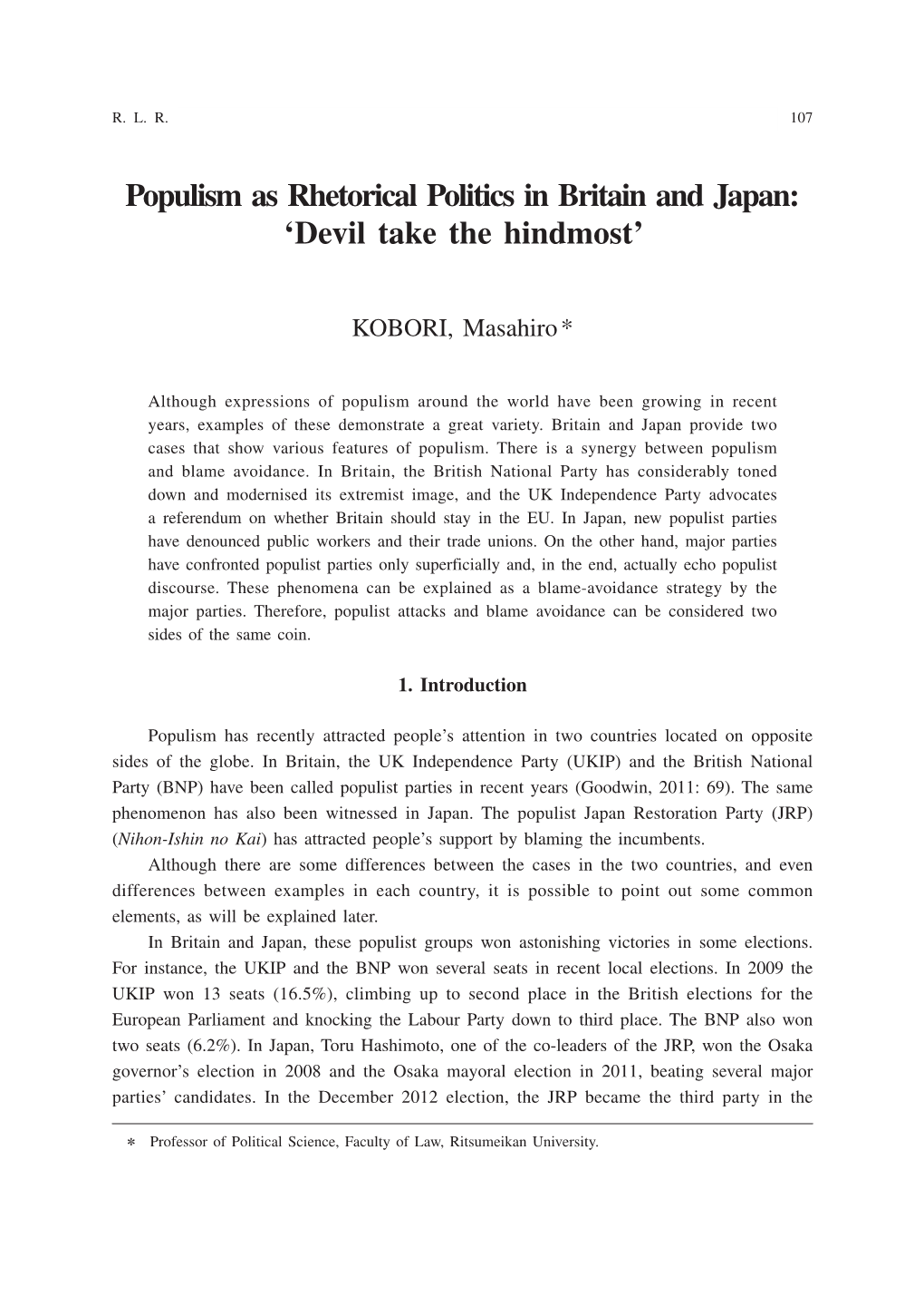 Populism As Rhetorical Politics in Britain and Japan: 'Devil Take The