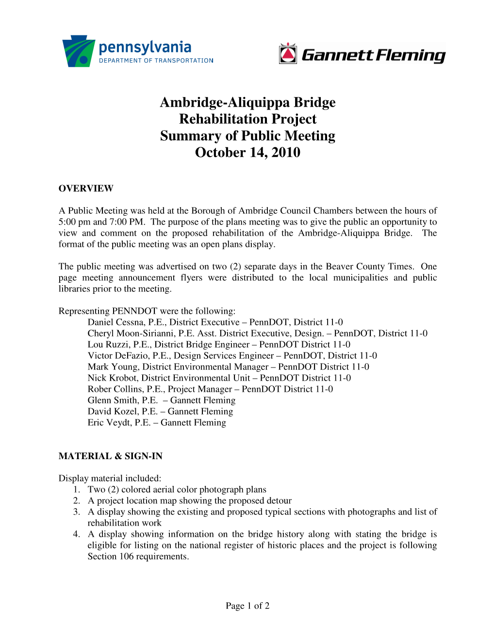 Ambridge-Aliquippa Bridge Rehabilitation Project Summary of Public Meeting October 14, 2010