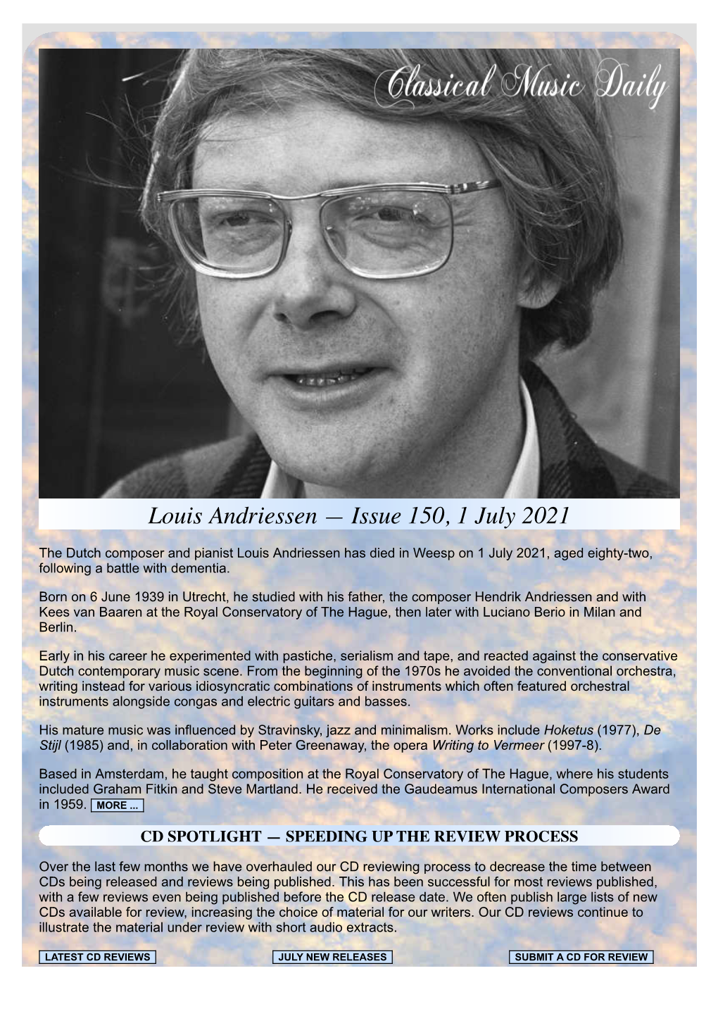 Louis Andriessen — Issue 150, 1 July 2021