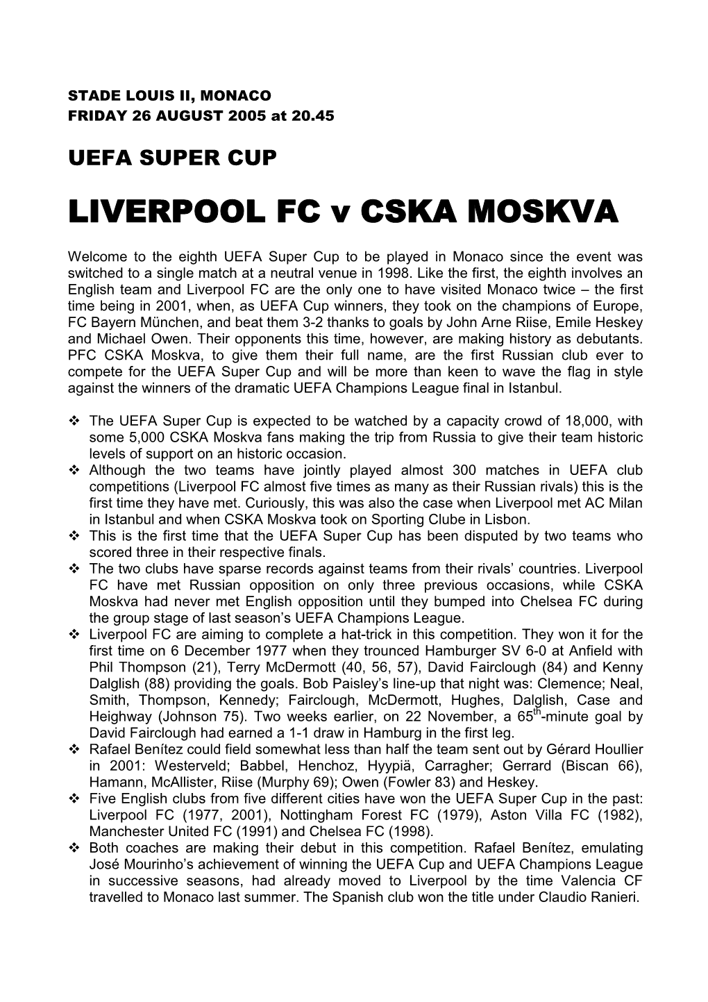 LIVERPOOL FC V CSKA MOSKVA