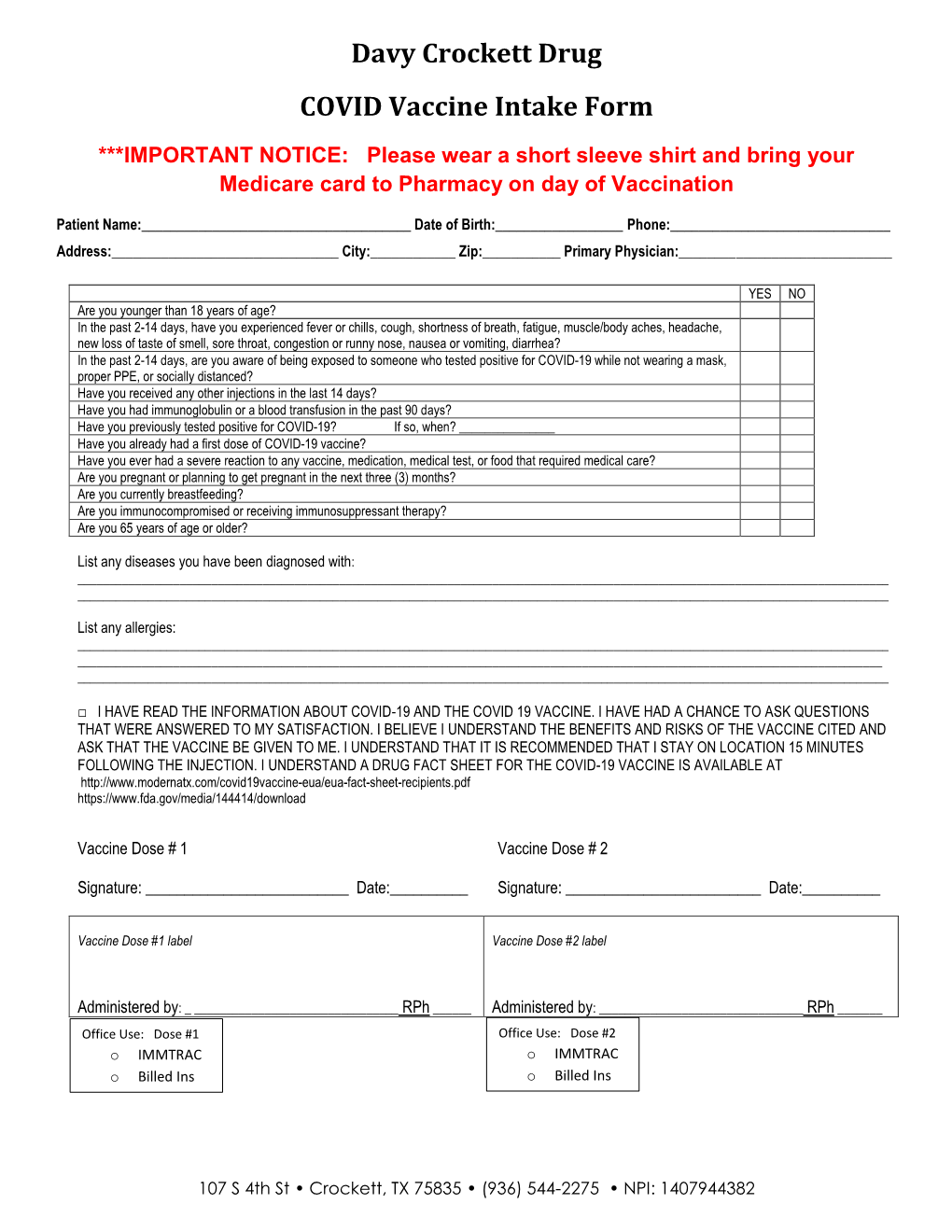 Davy Crockett Drug COVID Vaccine Intake Form