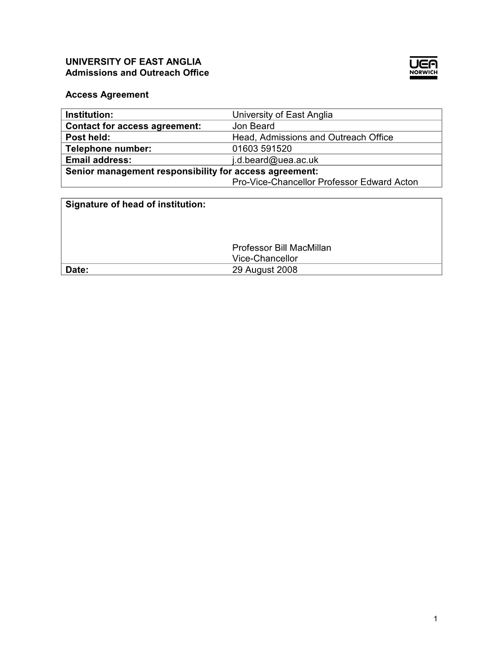 UEA Access Agreement 2009-10 Approved 03-10-2008