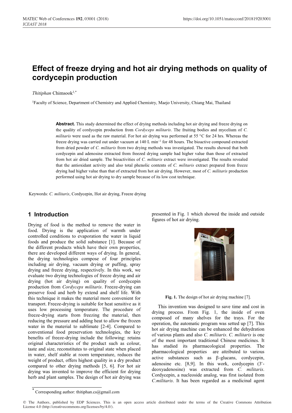 Effect of Freeze Drying and Hot Air Drying Methods on Quality of Cordycepin Production