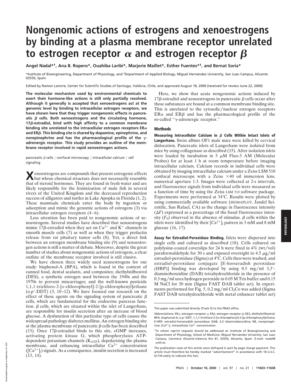 Nongenomic Actions of Estrogens and Xenoestrogens by Binding at a Plasma Membrane Receptor Unrelated to Estrogen Receptor ␣ and Estrogen Receptor ␤