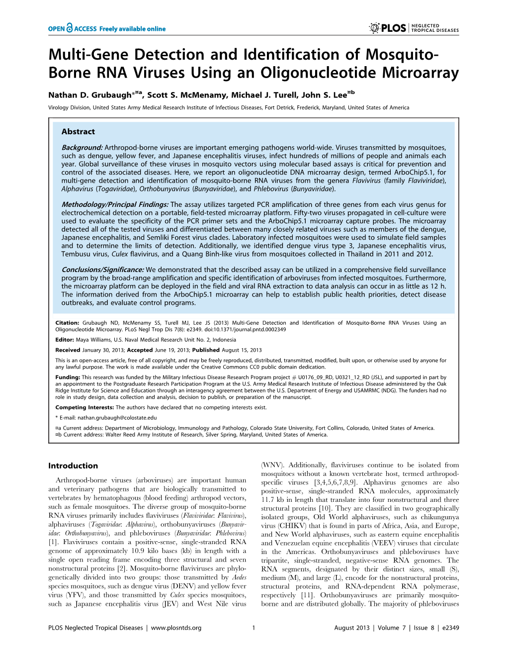 Multi-Gene Detection and Identification of Mosquito- Borne RNA Viruses Using an Oligonucleotide Microarray