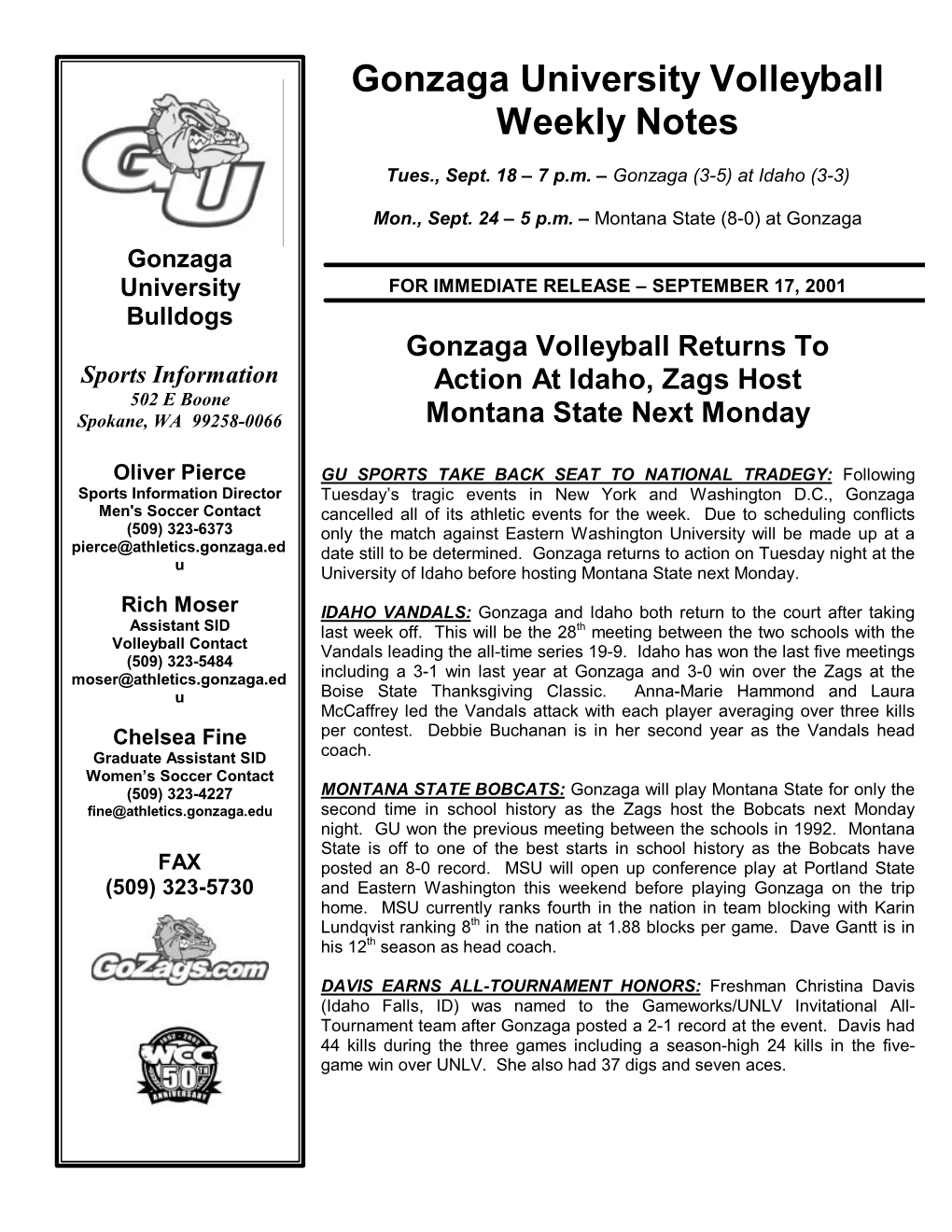 Gonzaga University Volleyball Weekly Notes