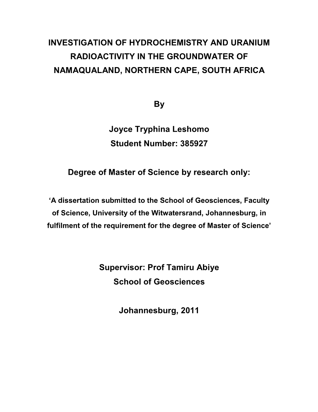 Investigation of Hydrochemistry and Uranium Radioactivity in the Groundwater of Namaqualand, Northern Cape, South Africa