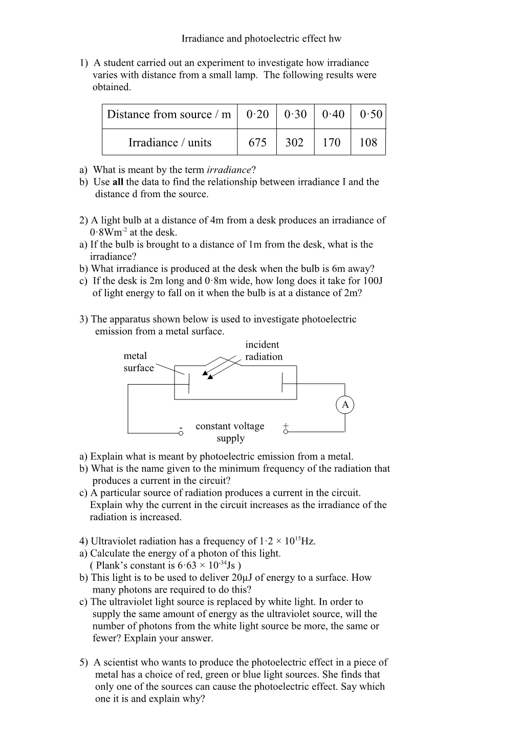 Irradiance and Photoelectric Effect Hw