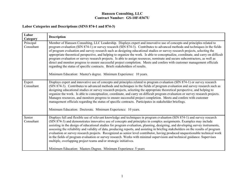 Labor Categories and Descriptions (SINS 874-1 and 874-3)