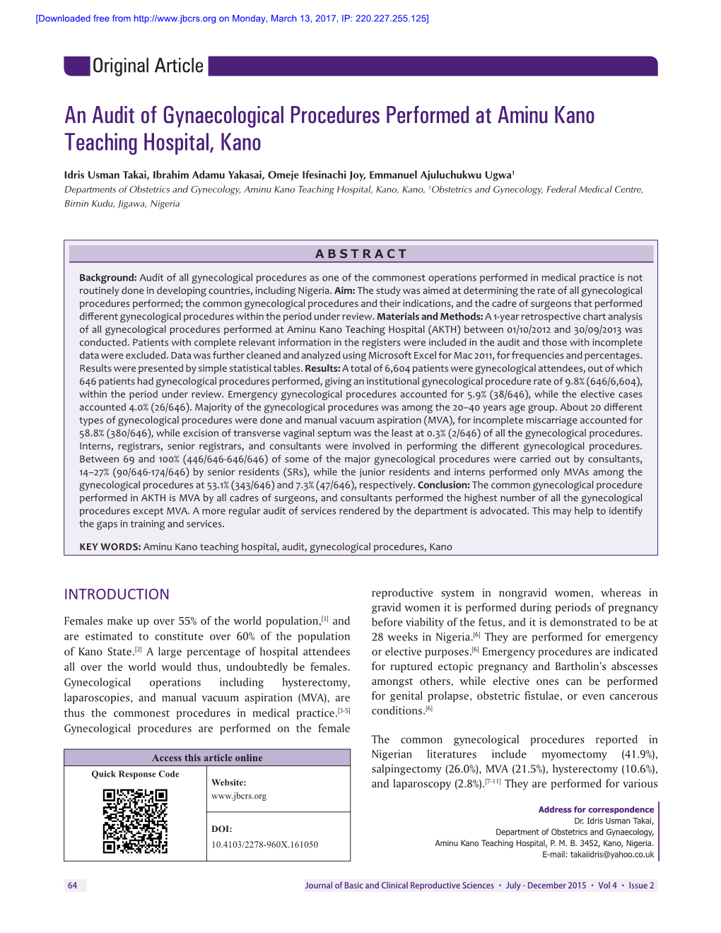 An Audit of Gynaecological Procedures Performed at Aminu Kano Teaching Hospital, Kano