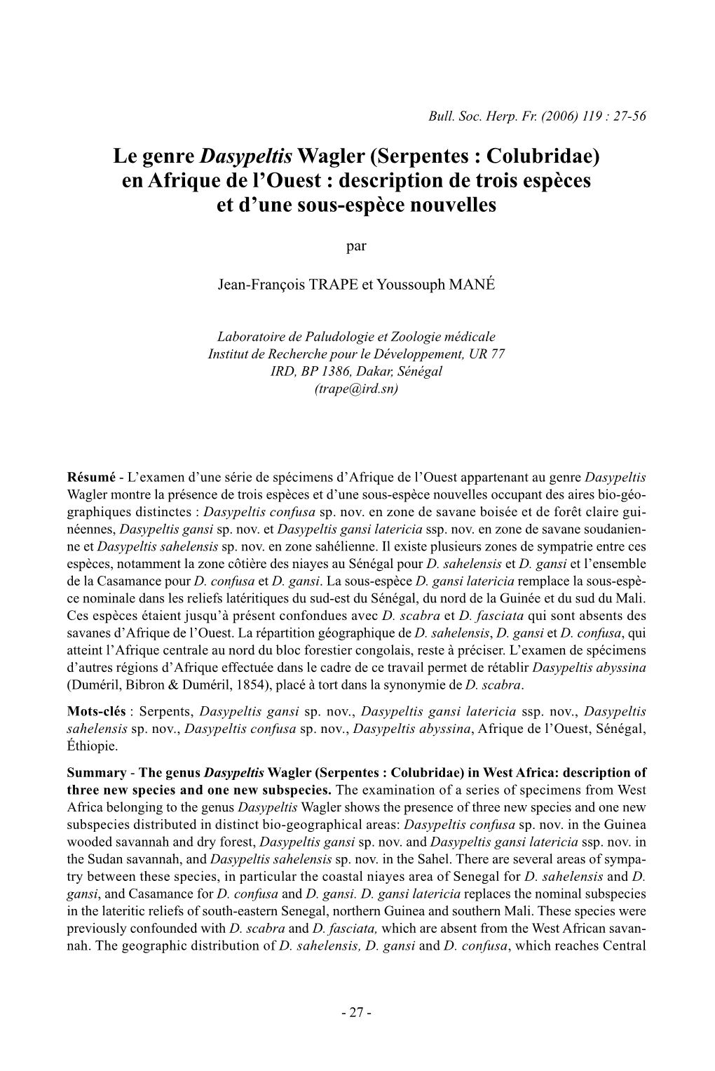 Le Genre Dasypeltis Wagler (Serpentes : Colubridae) En Afrique De L’Ouest : Description De Trois Espèces Et D’Une Sous-Espèce Nouvelles