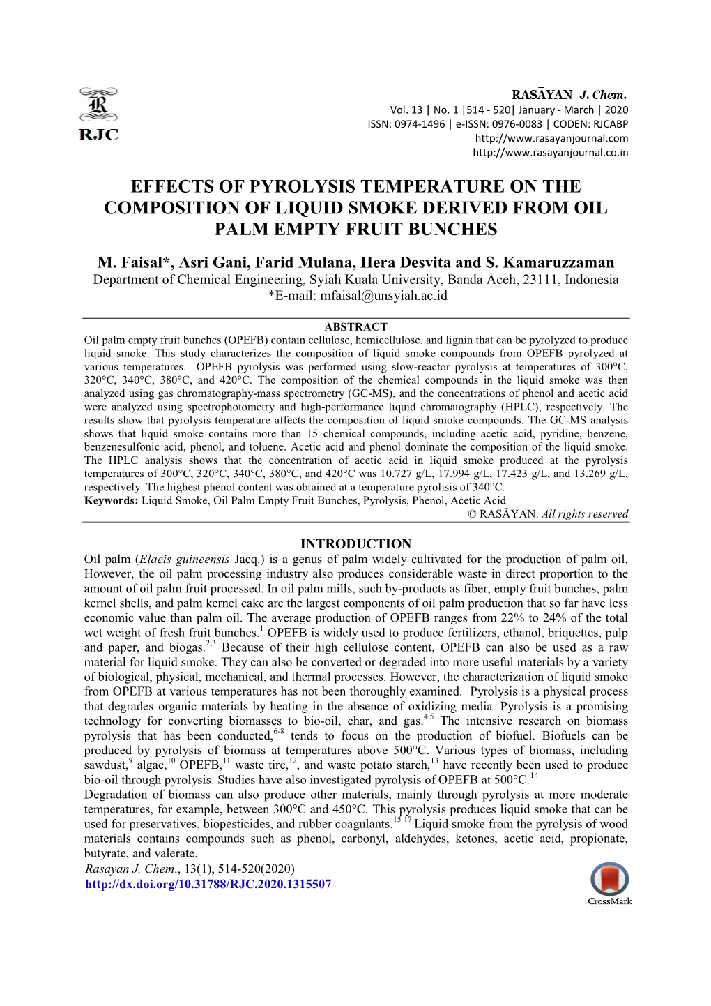 Effects of Pyrolysis Temperature on the Composition of Liquid Smoke Derived from Oil Palm Empty Fruit Bunches