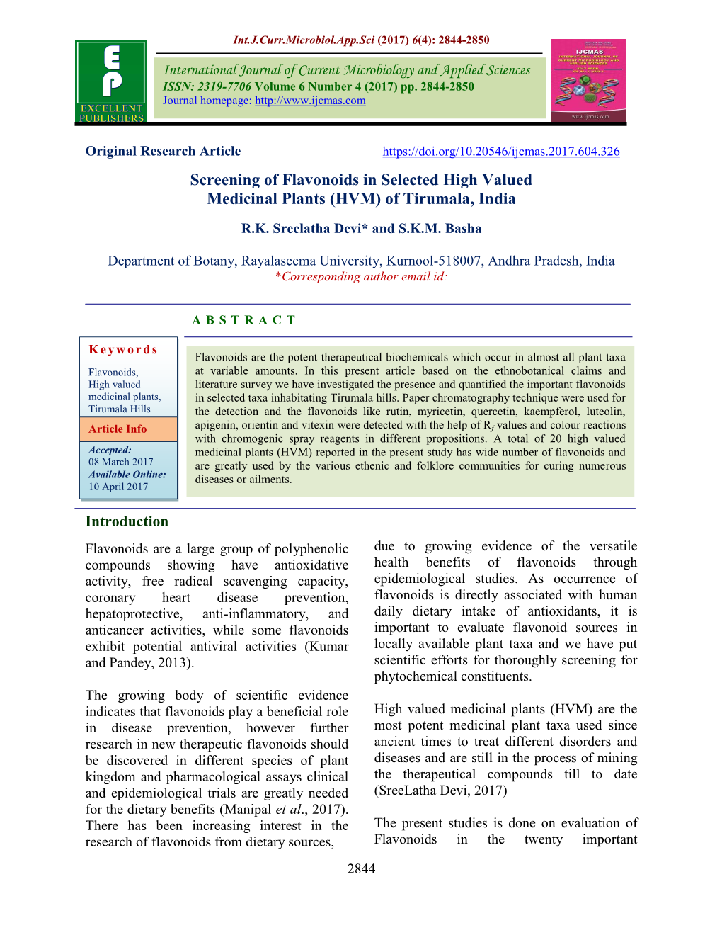 Screening of Flavonoids in Selected High Valued Medicinal Plants (HVM) of Tirumala, India