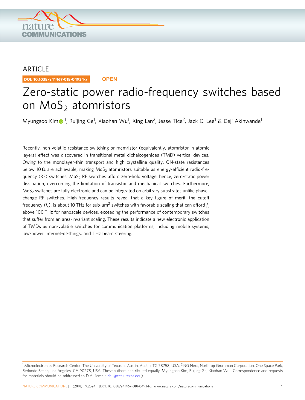 Zero-Static Power Radio-Frequency Switches Based on Mos2 Atomristors