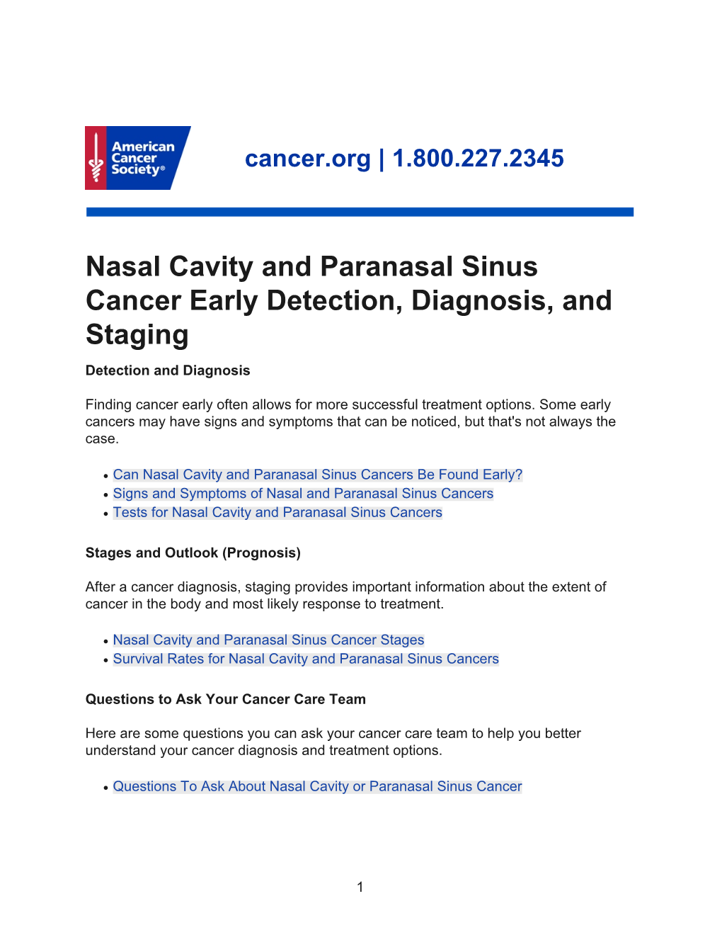 Nasal Cavity and Paranasal Sinus Cancer Early Detection, Diagnosis, and Staging Detection and Diagnosis