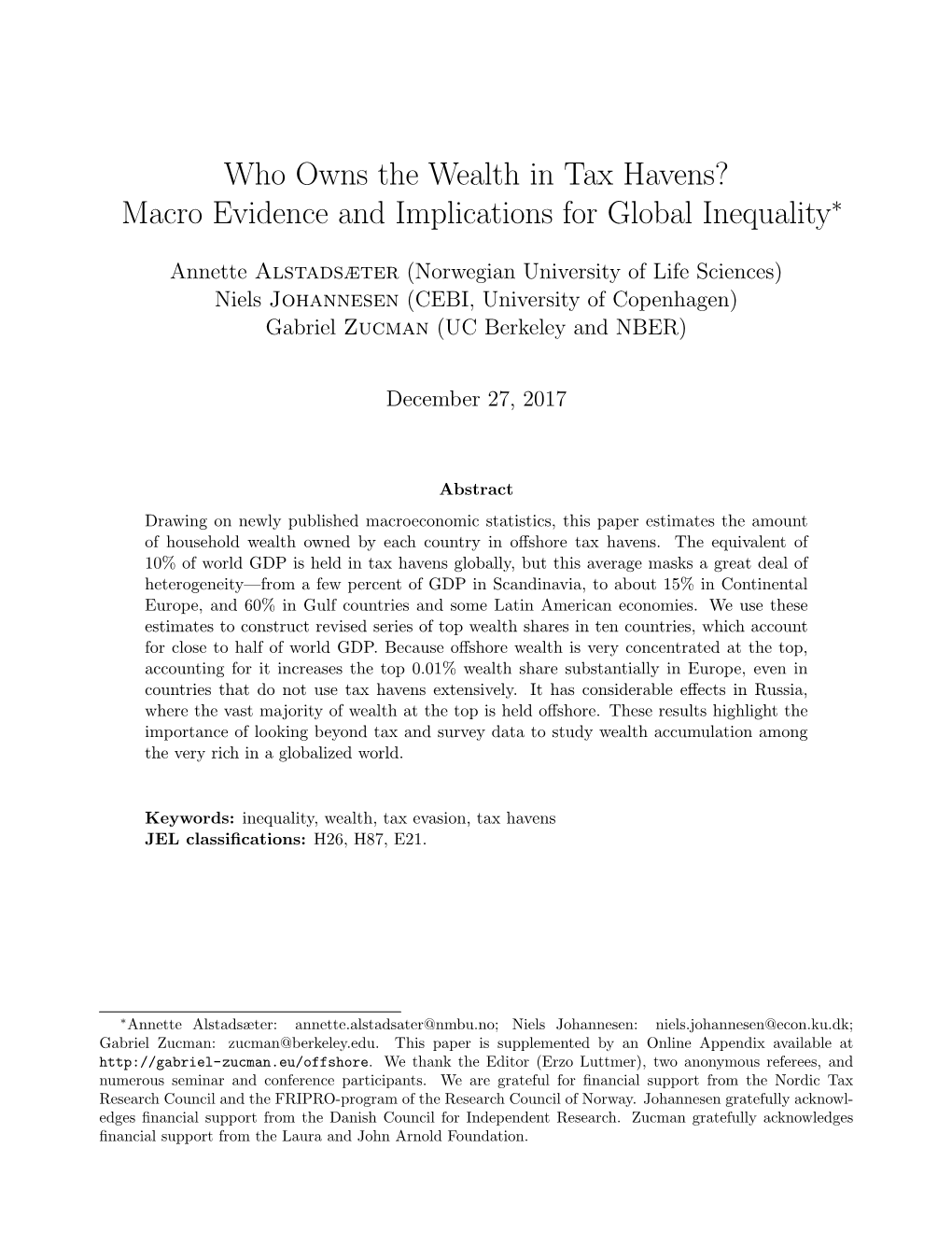 Who Owns the Wealth in Tax Havens? Macro Evidence and Implications for Global Inequality∗