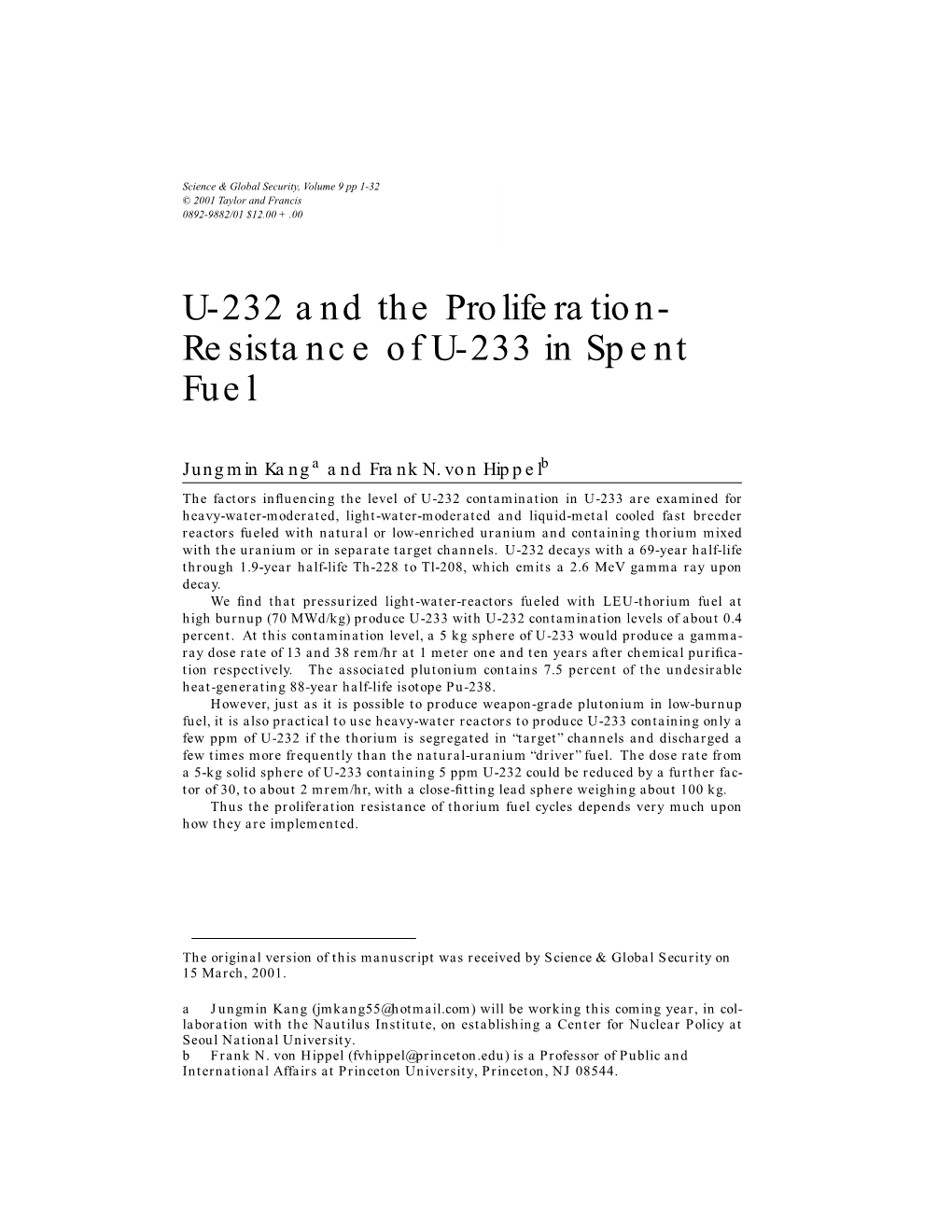 U-232 and the Proliferation- Resistance of U-233 in Spent Fuel