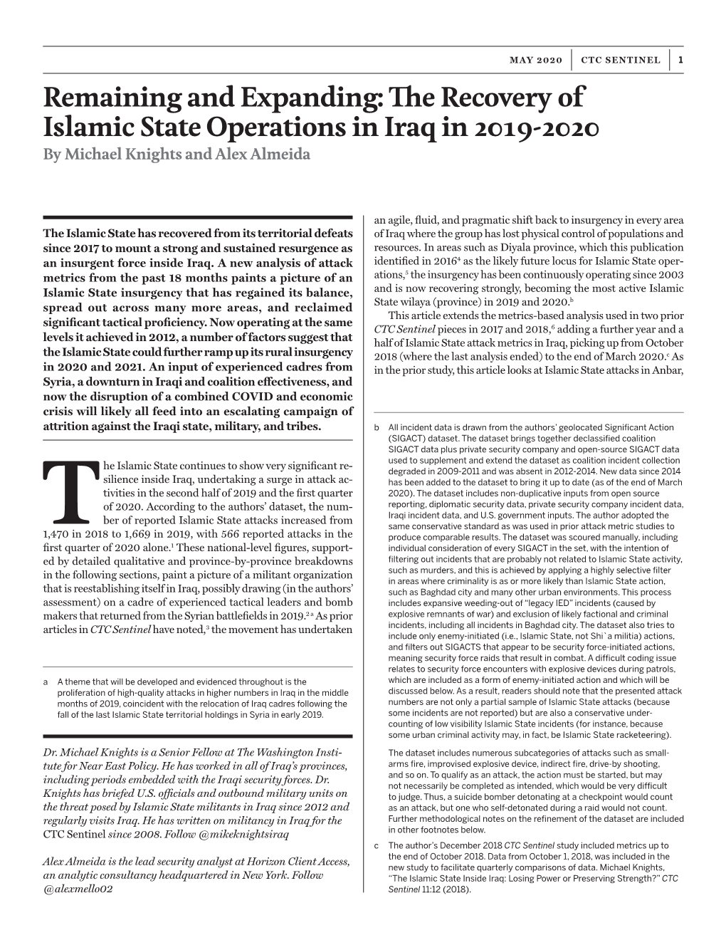 The Recovery of Islamic State Operations in Iraq in 2019-2020 by Michael Knights and Alex Almeida