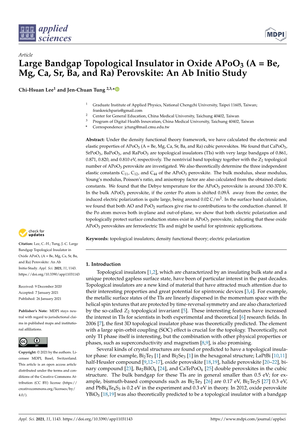 Large Bandgap Topological Insulator in Oxide Apoo3 (A = Be, Mg, Ca, Sr, Ba, and Ra) Perovskite: an Ab Initio Study