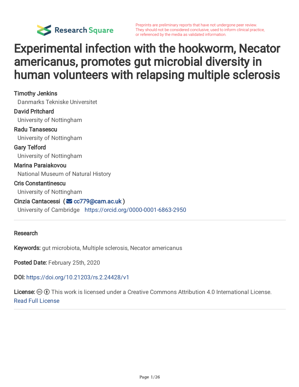 Experimental Infection with the Hookworm, Necator Americanus, Promotes Gut Microbial Diversity in Human Volunteers with Relapsing Multiple Sclerosis