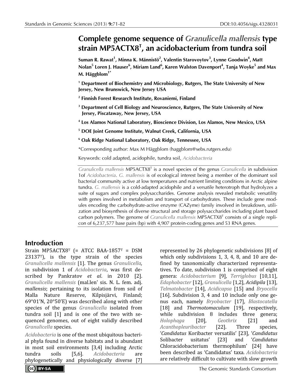 Granulicella Mallensis Type Strain MP5ACTX8T, an Acidobacterium from Tundra Soil Suman R