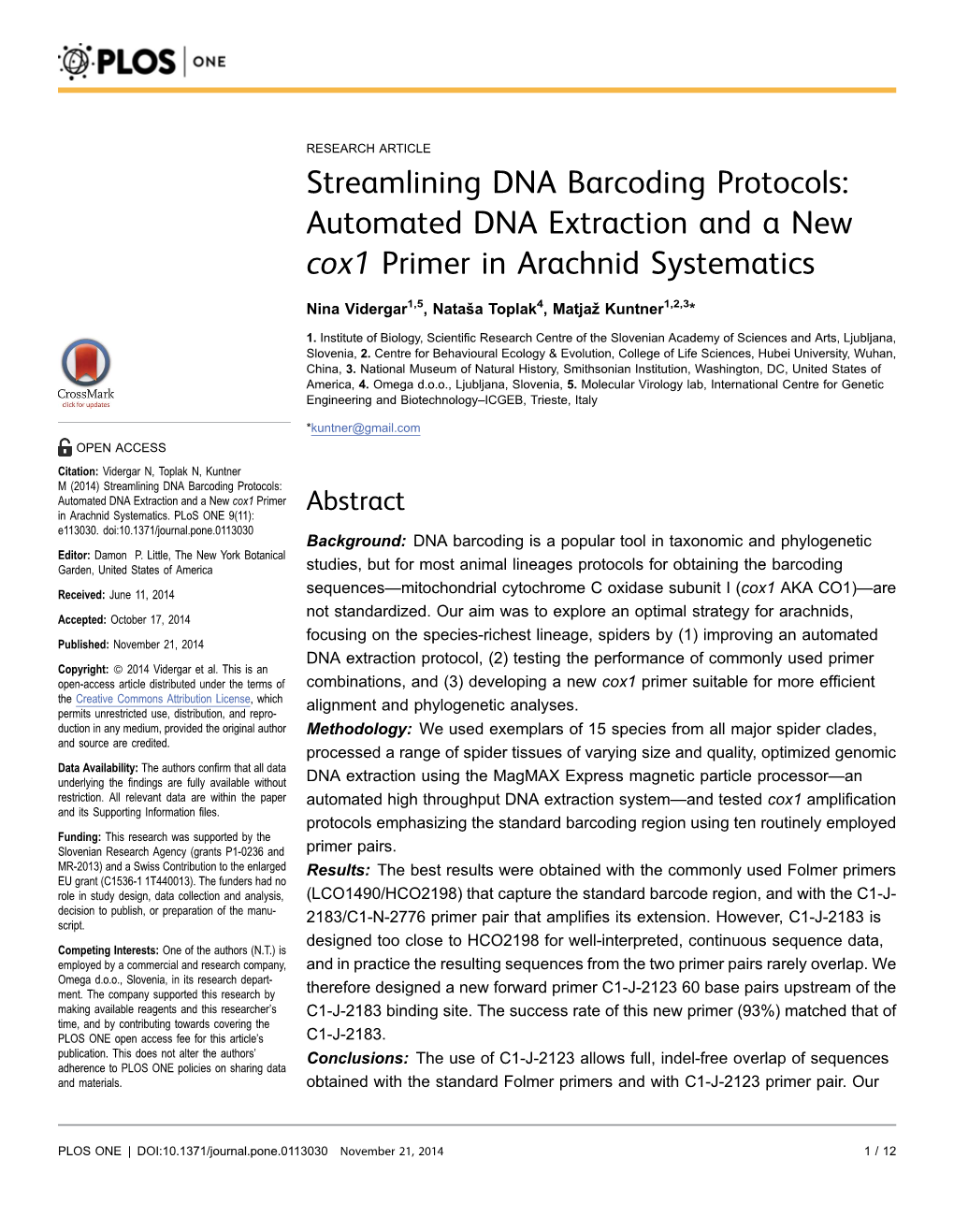 Automated DNA Extraction and a New Cox1 Primer in Arachnid Systematics