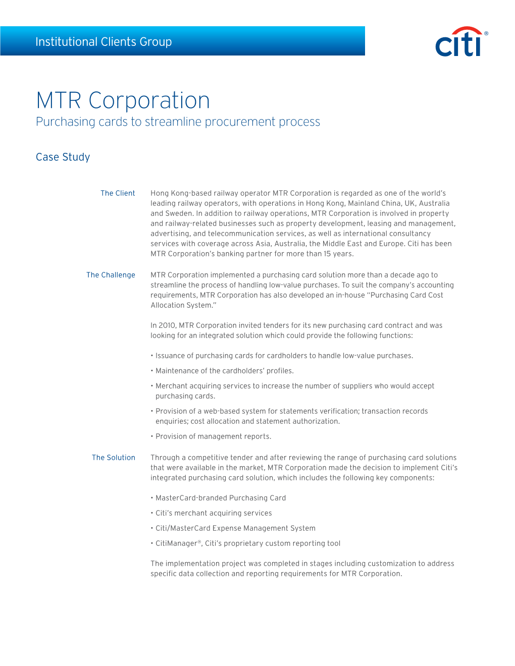 MTR Corporation Purchasing Cards to Streamline Procurement Process