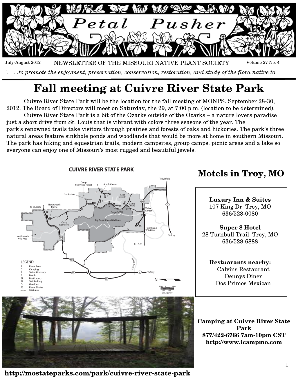 Fall Meeting at Cuivre River State Park Cuivre River State Park Will Be the Location for the Fall Meeting of MONPS