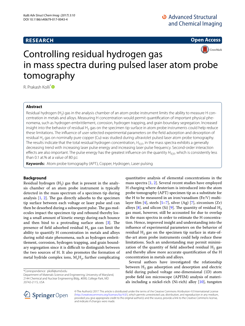 Controlling Residual Hydrogen Gas in Mass Spectra During Pulsed Laser Atom Probe Tomography R