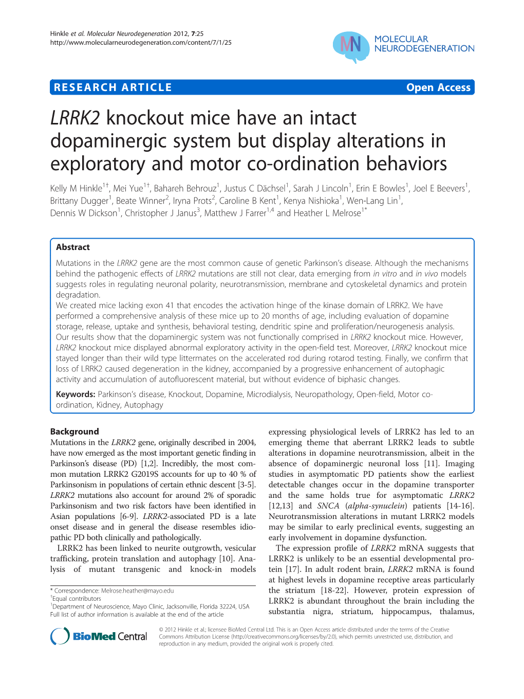 LRRK2 Knockout Mice Have an Intact Dopaminergic System but Display