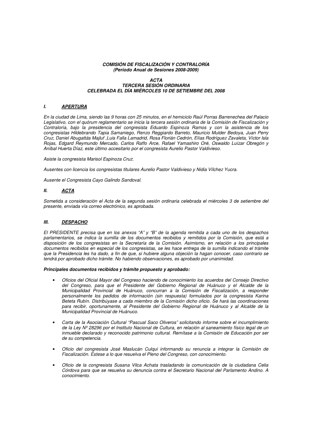 COMISIÓN DE FISCALIZACIÓN Y CONTRALORÍA (Período Anual De Sesiones 2008-2009)