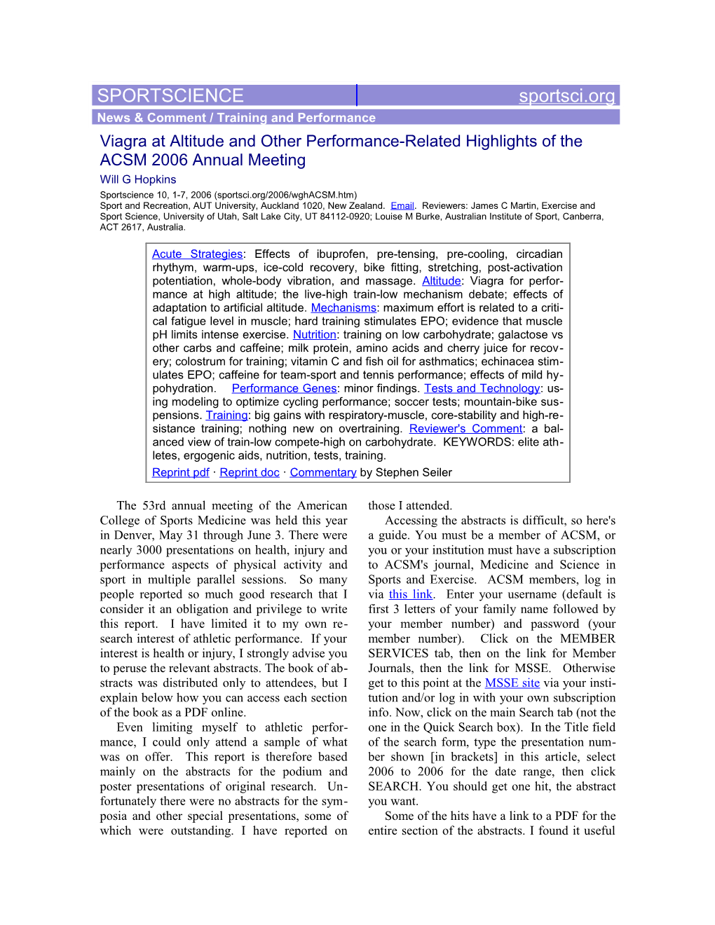 Viagra at Altitude and Other Performance-Related Highlights of the ACSM 2006 Annual Meeting