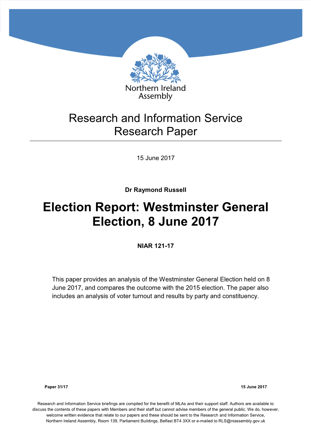 Westminster General Election, 8 June 2017