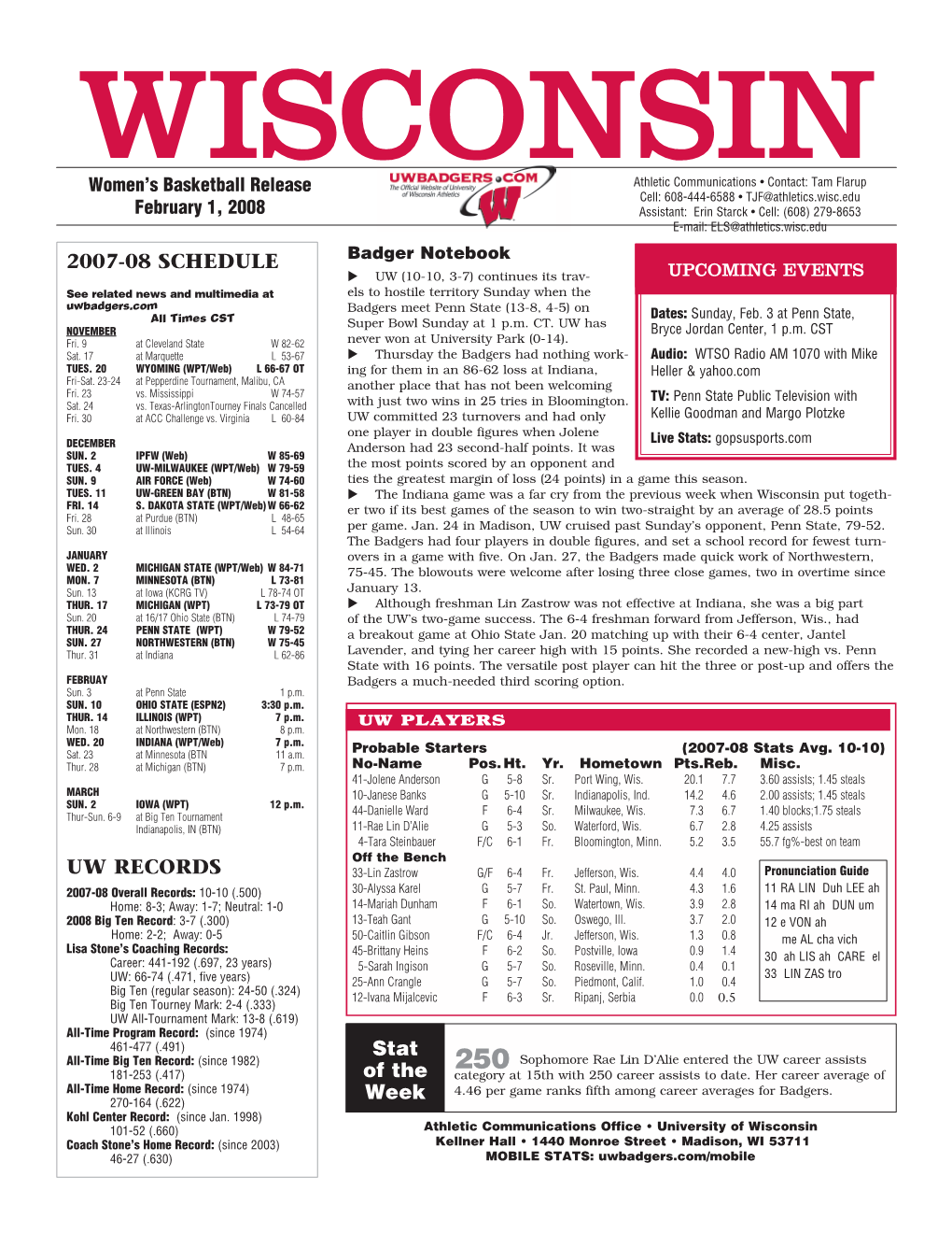 2007-08 SCHEDULE UW RECORDS Stat of the Week