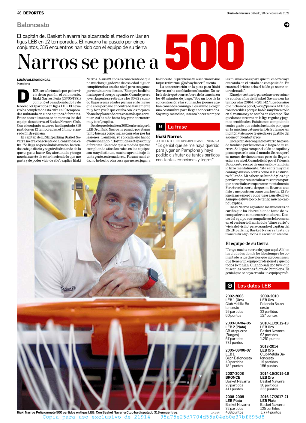 Diario De Navarra Sábado, 20 De Febrero De 2021 Baloncesto M El Capitán Del Basket Navarra Ha Alcanzado El Medio Millar En Ligas LEB En 12 Temporadas