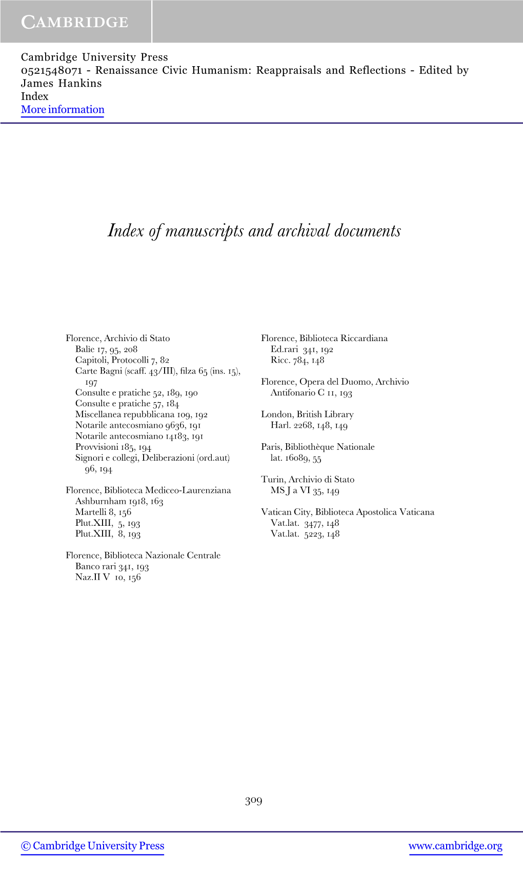 Index of Manuscripts and Archival Documents