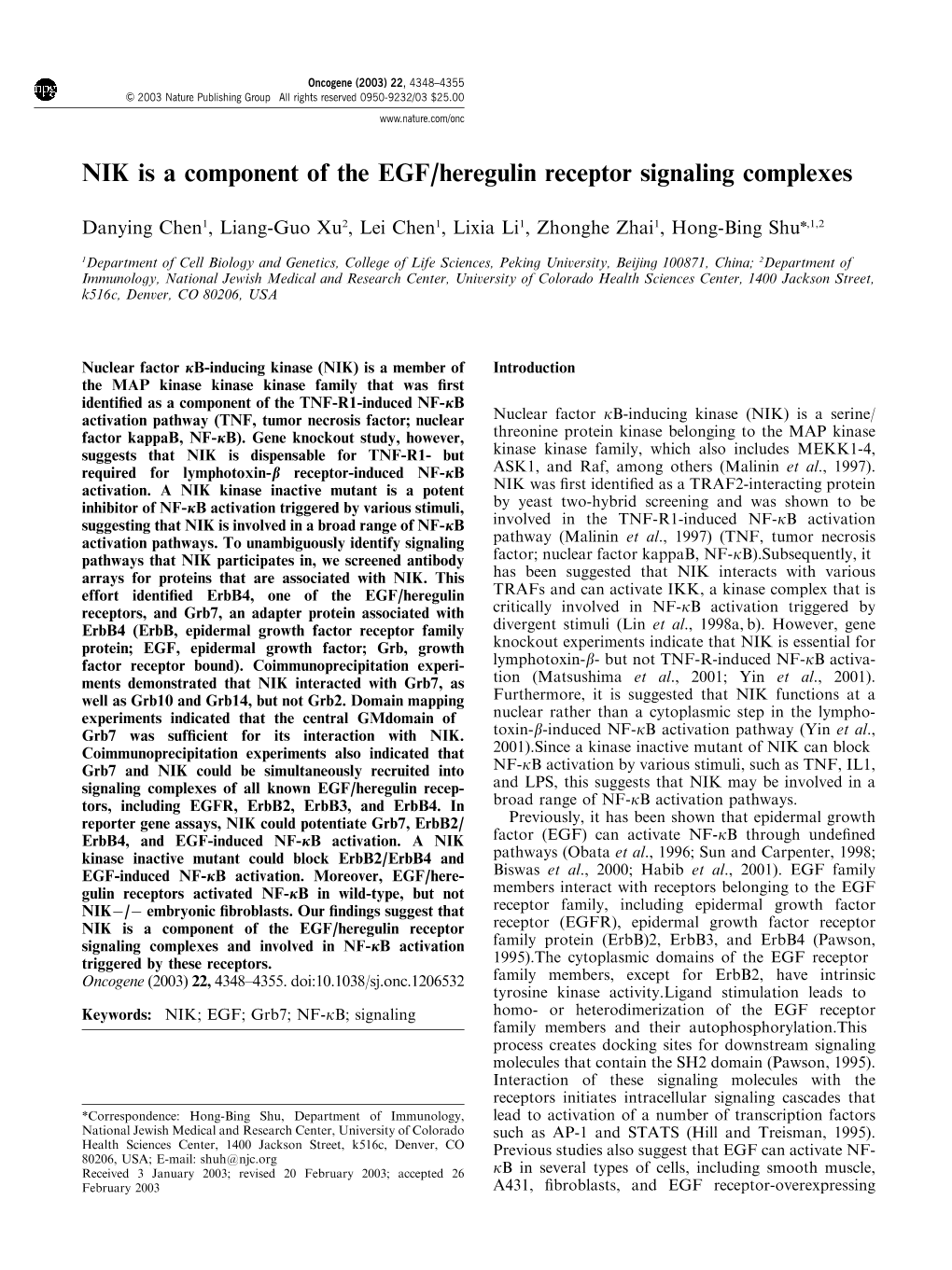 NIK Is a Component of the EGF/Heregulin Receptor Signaling Complexes