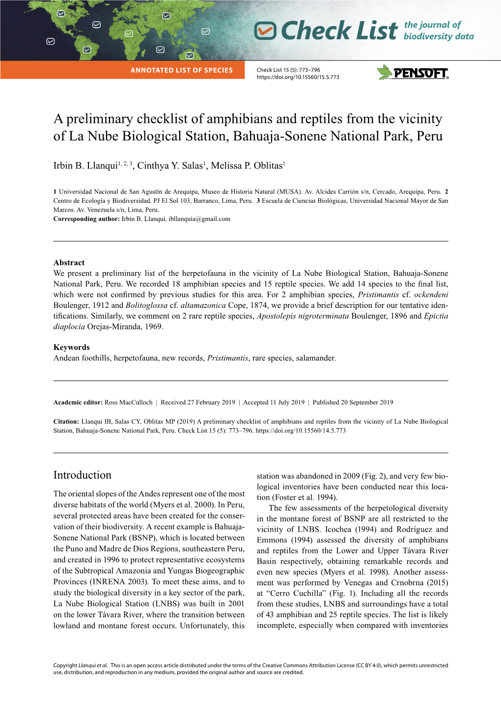 A Preliminary Checklist of Amphibians and Reptiles from the Vicinity of La Nube Biological Station, Bahuaja-Sonene National Park, Peru